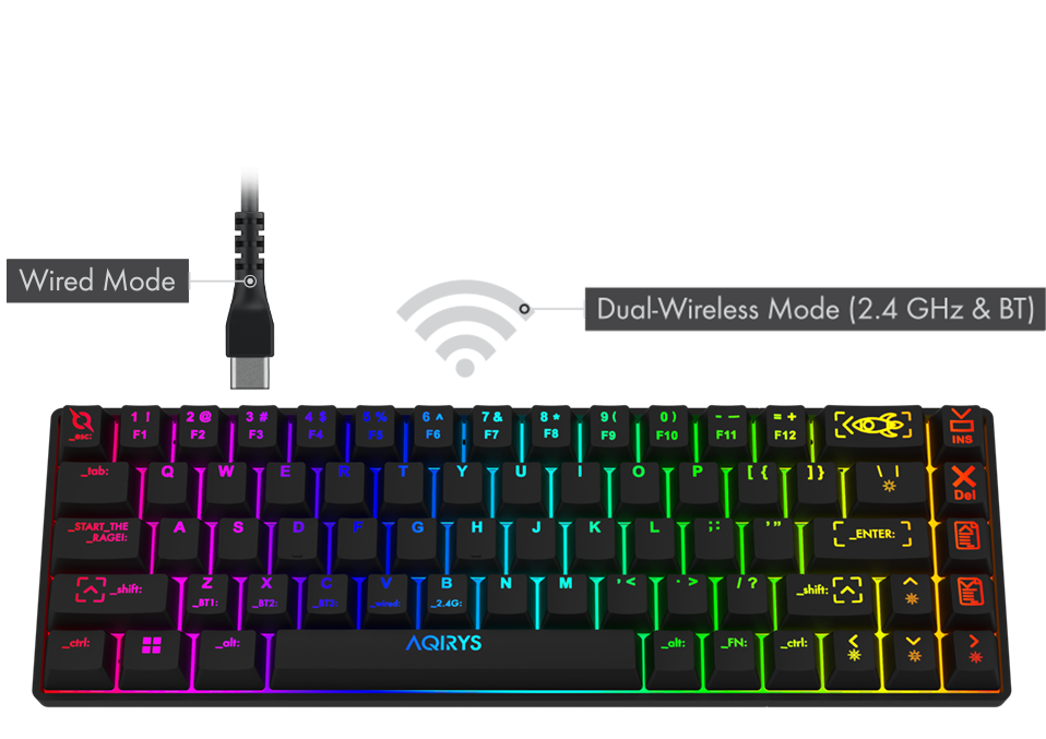 AQIRYS Mira Wireless Mechanical 60 Percent RGB Gaming Keyboard Black Wireless/Wired Swappable Outemu Red